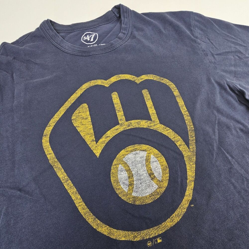 47 Brand Milwaukee Brewers Distressed Glove Logo T Shirt Men's Small Navy
